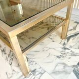 Vintage coffee table in gold-plated metal, brass-style, smoked glass, circa 1970