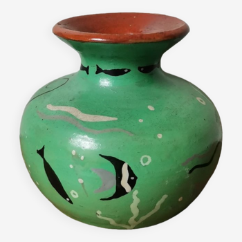 Vintage enamelled vase hand painted fish pattern