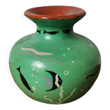 Vintage enamelled vase hand painted fish pattern