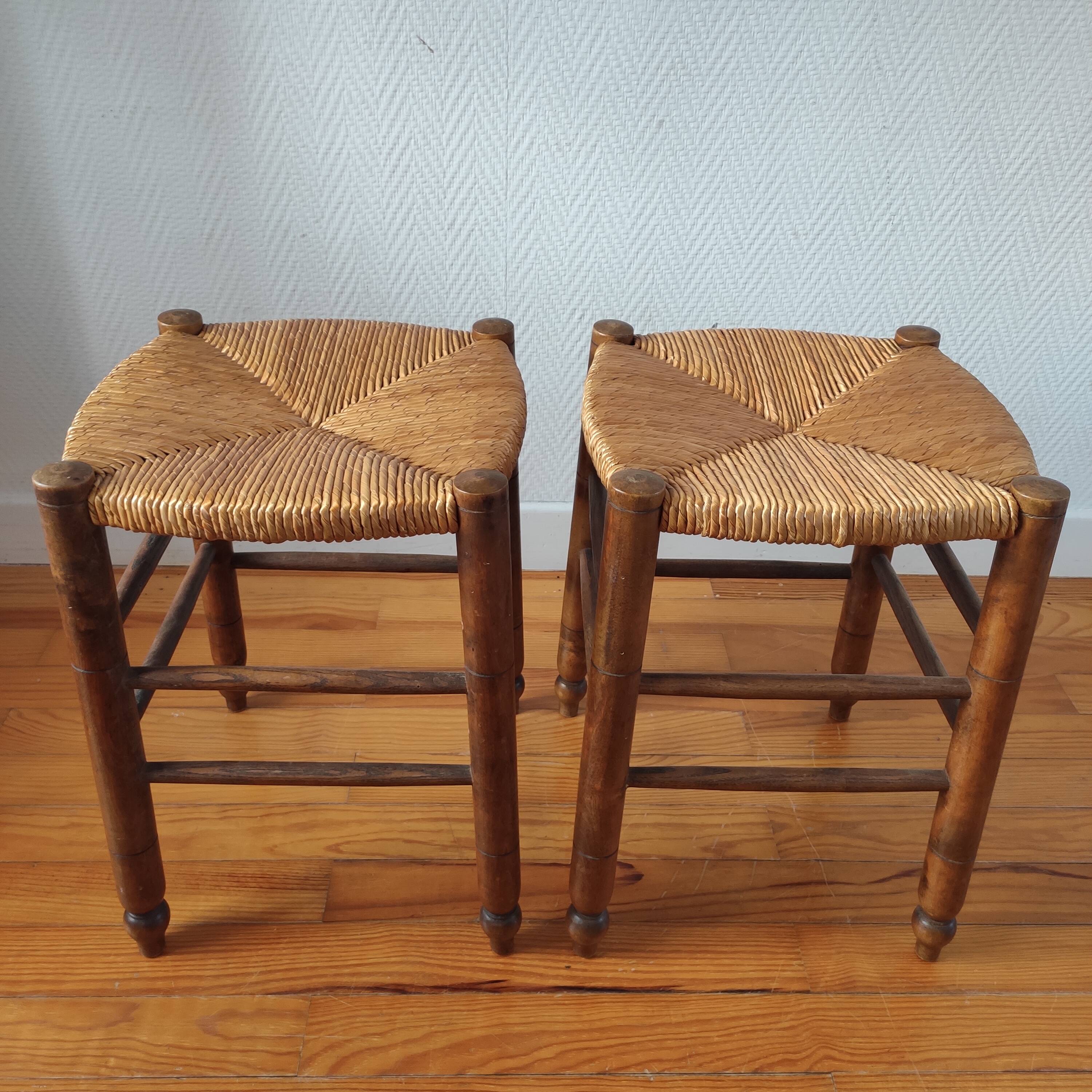 Pair of stools with straw seats, 1960