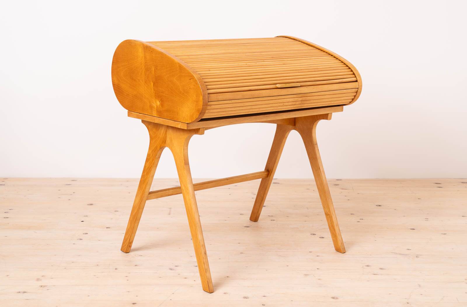 Mid Century Modern Desk with Roll-Top, Walnut Veneer, 1950s, Fully Restored
