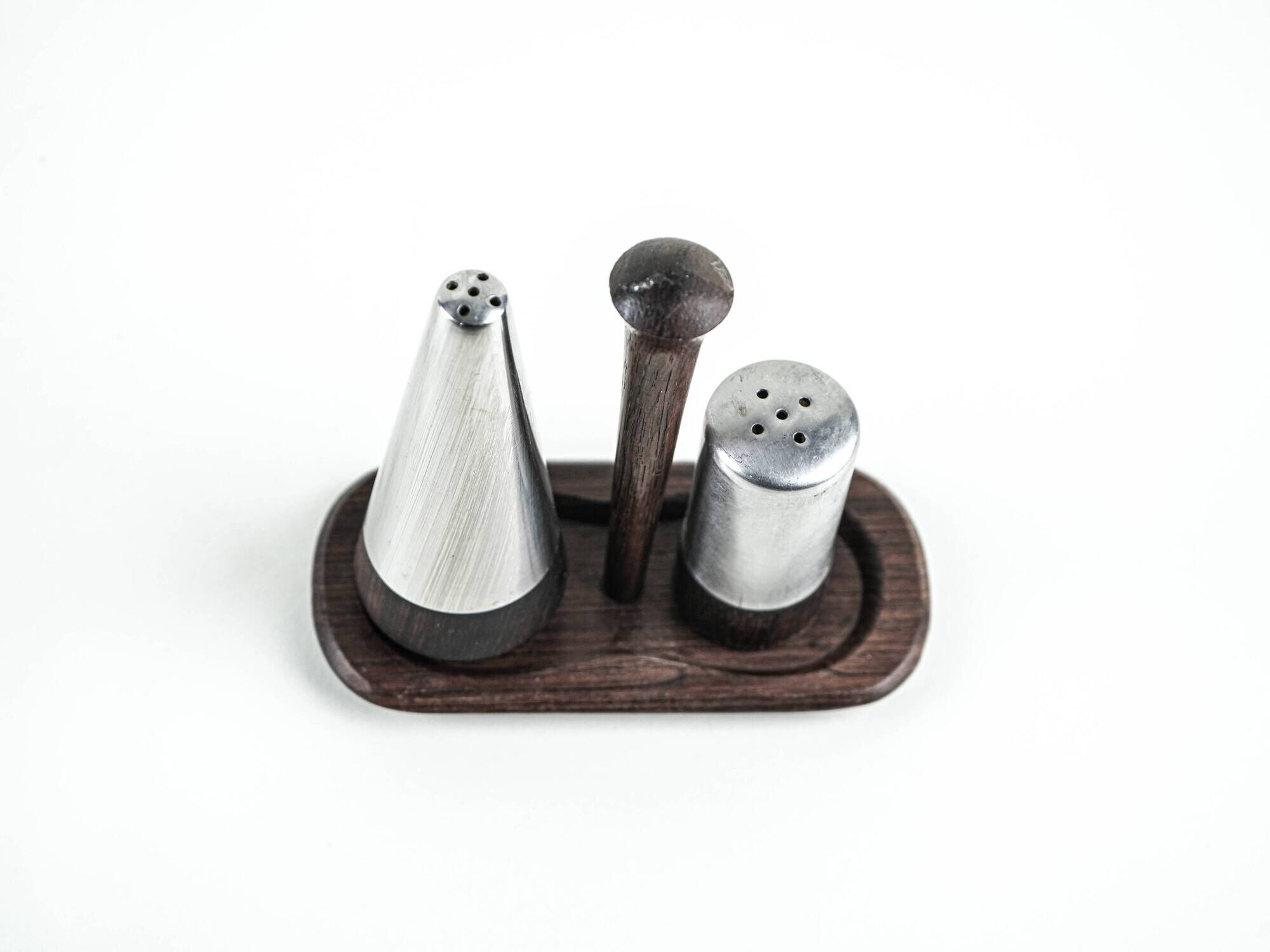 Danish salt and pepper set in wood and steel with tray, 1970s