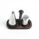 Danish salt and pepper set in wood and steel with tray, 1970s
