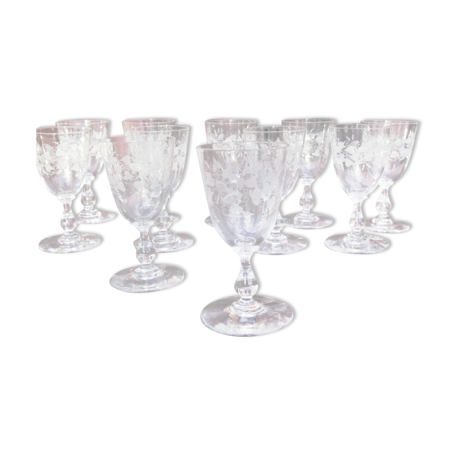 Set 11 Port Glasses White Wine Art Nouveau Crystal engraved Liseron