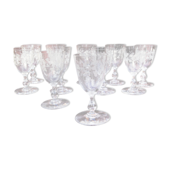 Set 11 verres à porto vin blanc art nouveau cristal gravé liseron