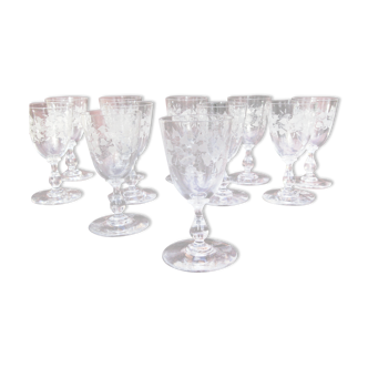 Set 11 Port Glasses White Wine Art Nouveau Crystal engraved Liseron