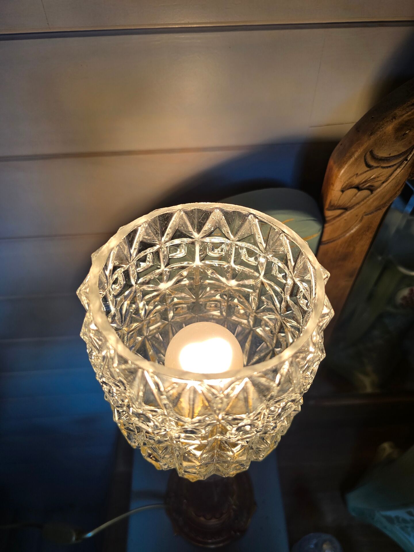Brass floor lamp with a glass ball, cut glass globe.