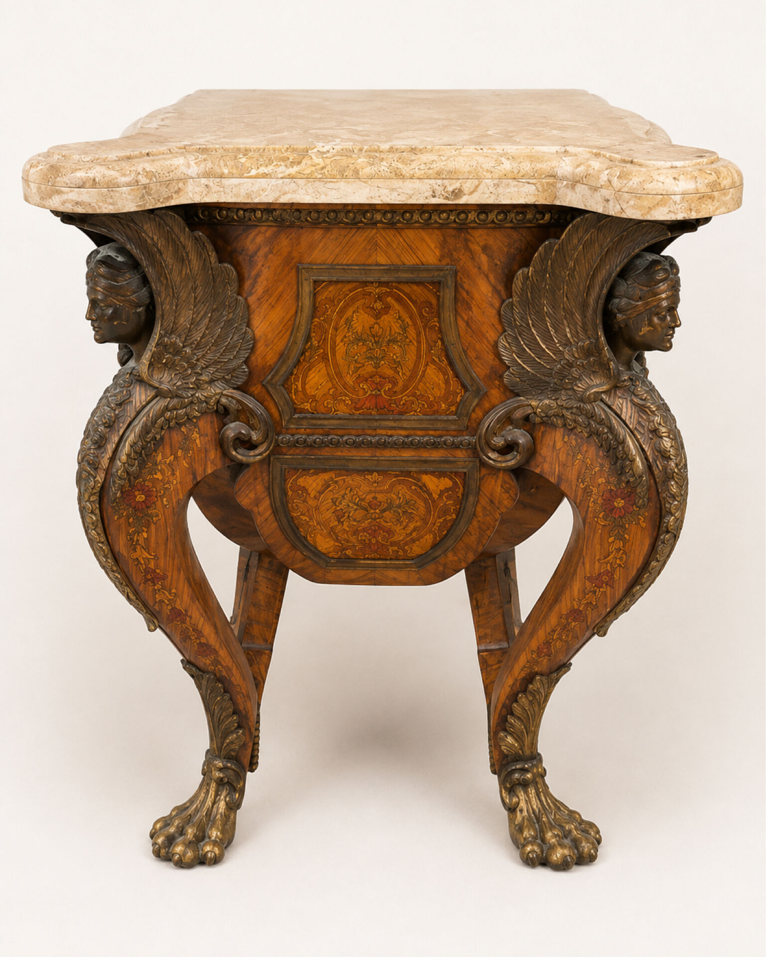 Ornamental commode in marquetry, marble, winged figures - Napoleon III
