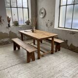 Oak farmhouse table and its two benches
