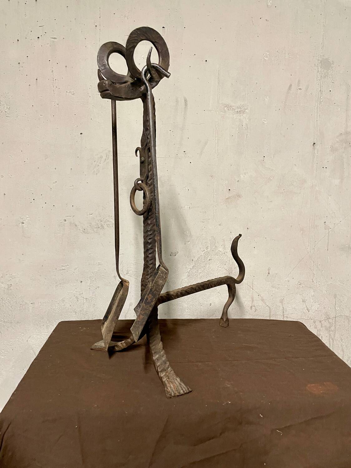 Brutalist folk art fireplace utensil holder