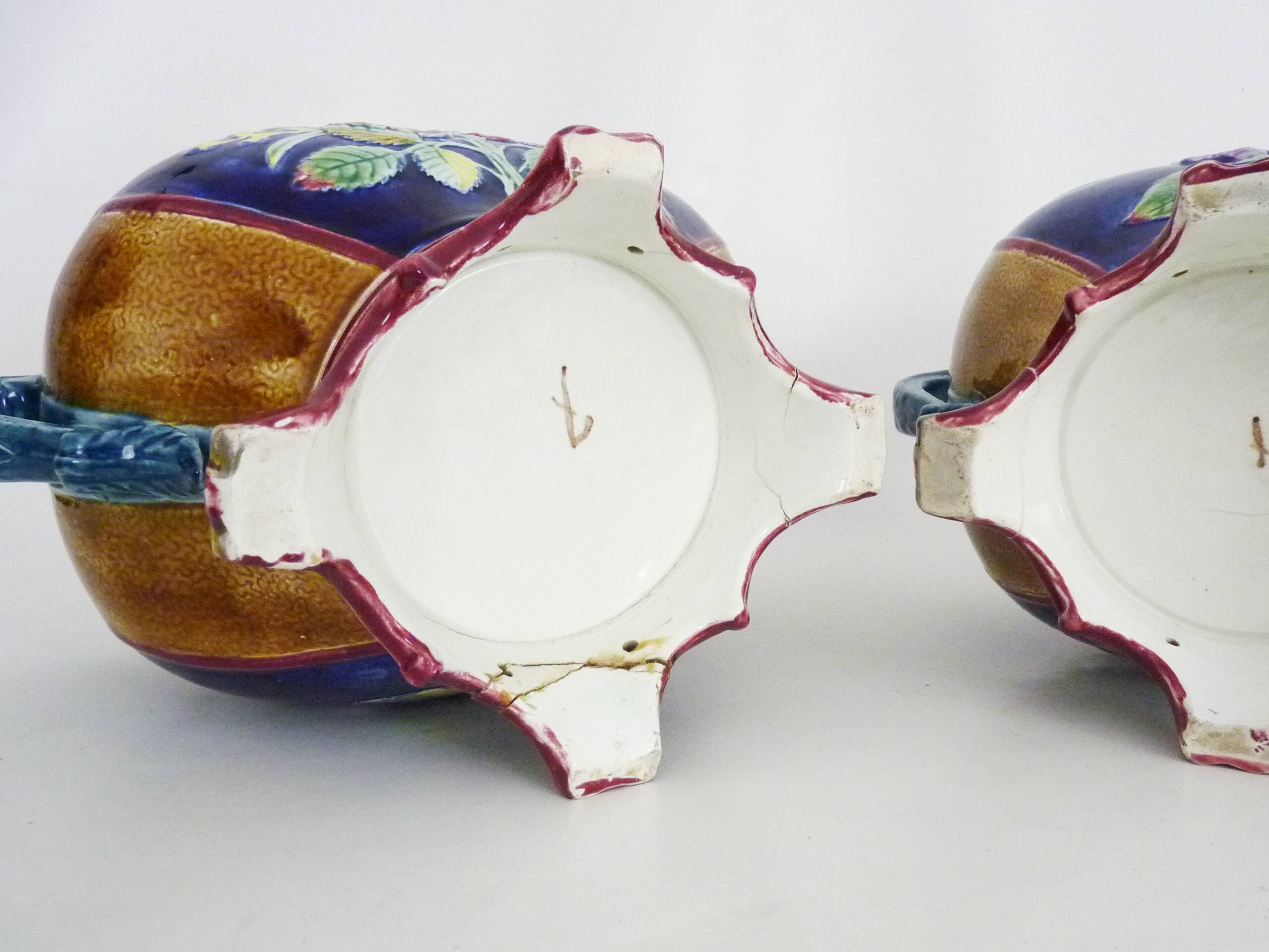 Pair of antique Art Nouveau dragon slip planters