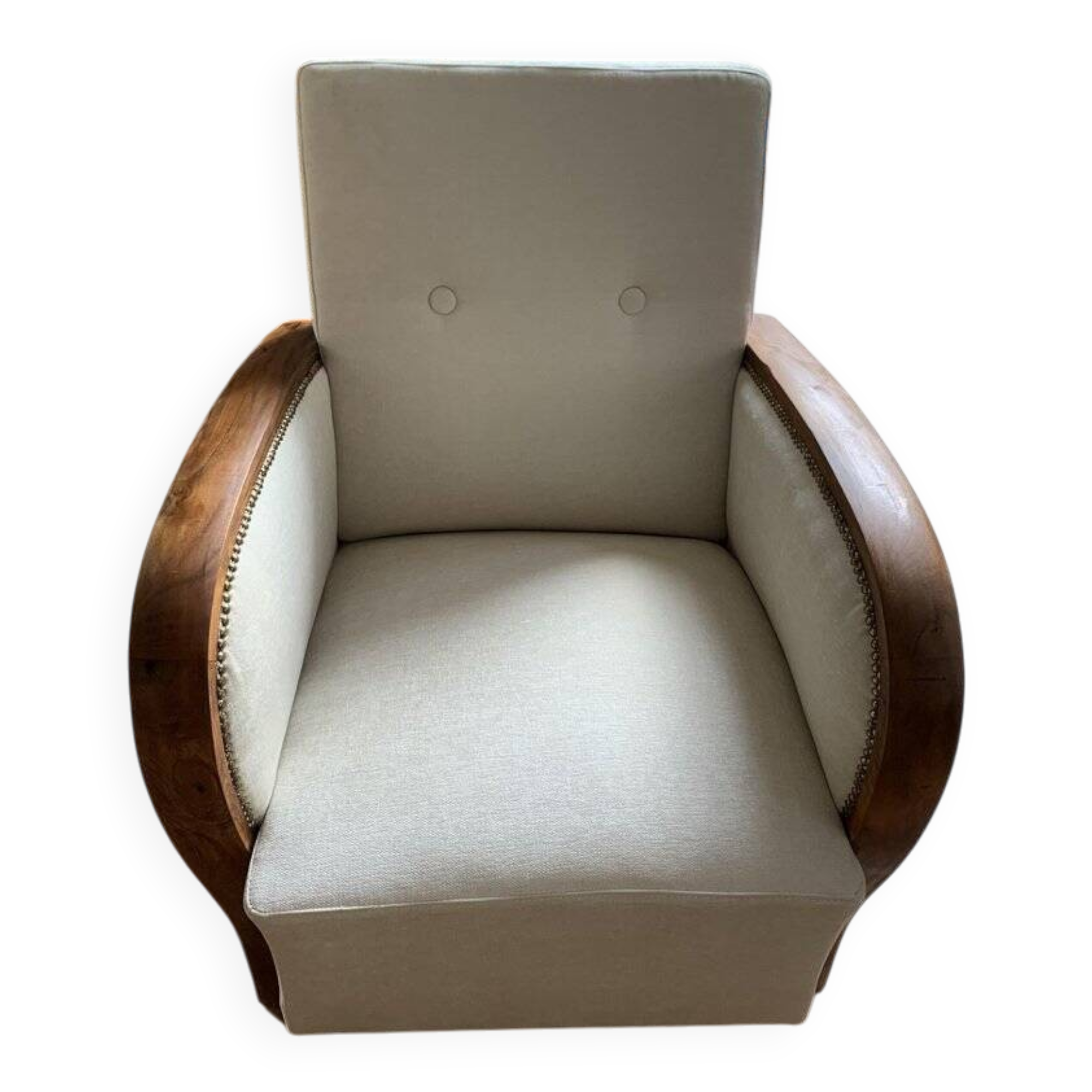 Hungarian Art Deco armchair 1930s beige fabric, carved wooden structure, elegant and comfortable.