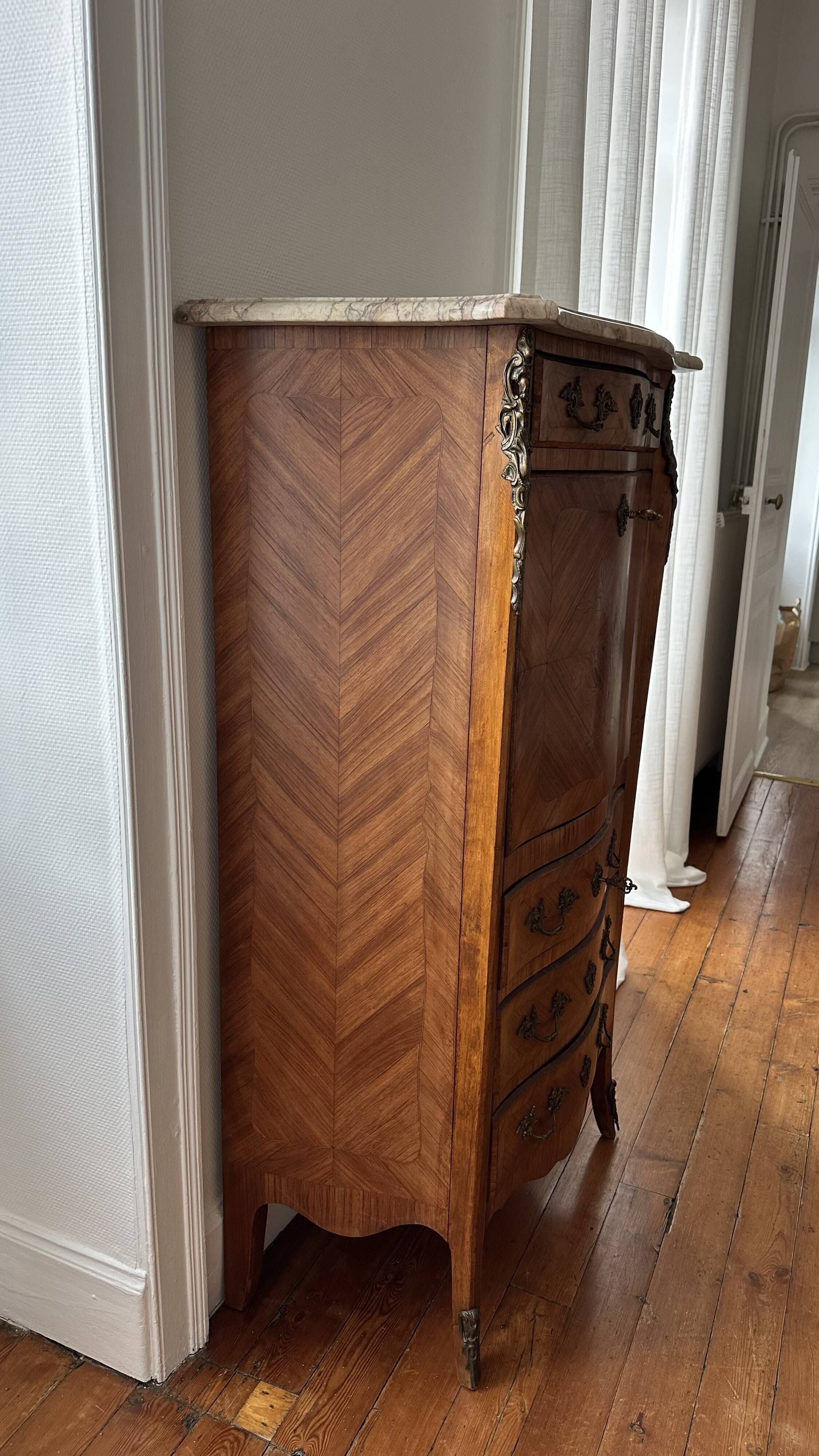 Louis XV style secretary in marquetry and marble