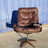 Armchair swivel vintage leather, wood and metal