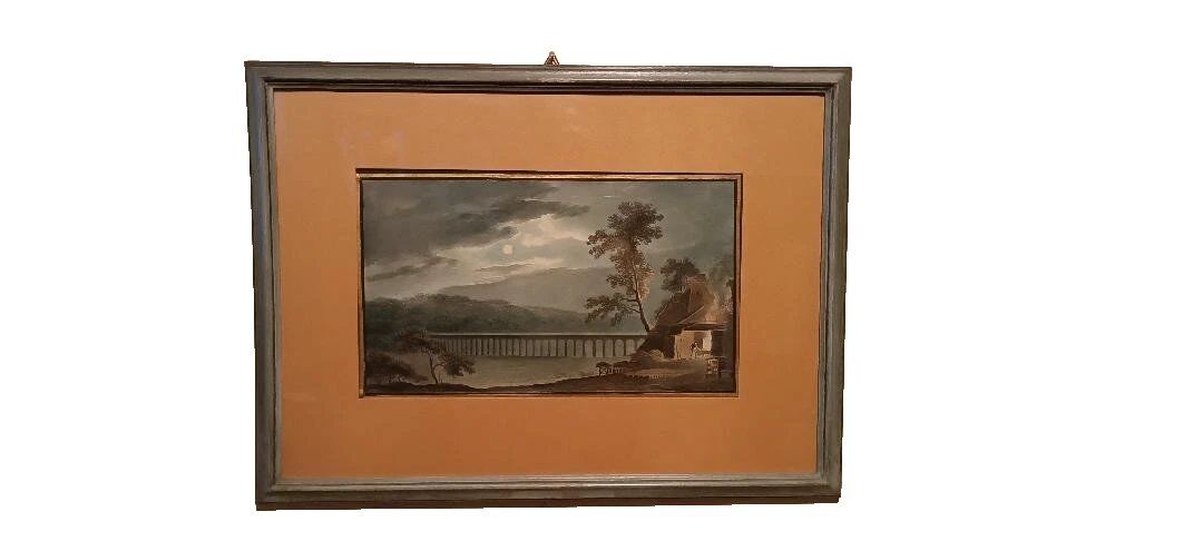 Old watercolour on paper from the early 19th century - nocturnal landscape with aqueduct and bridge