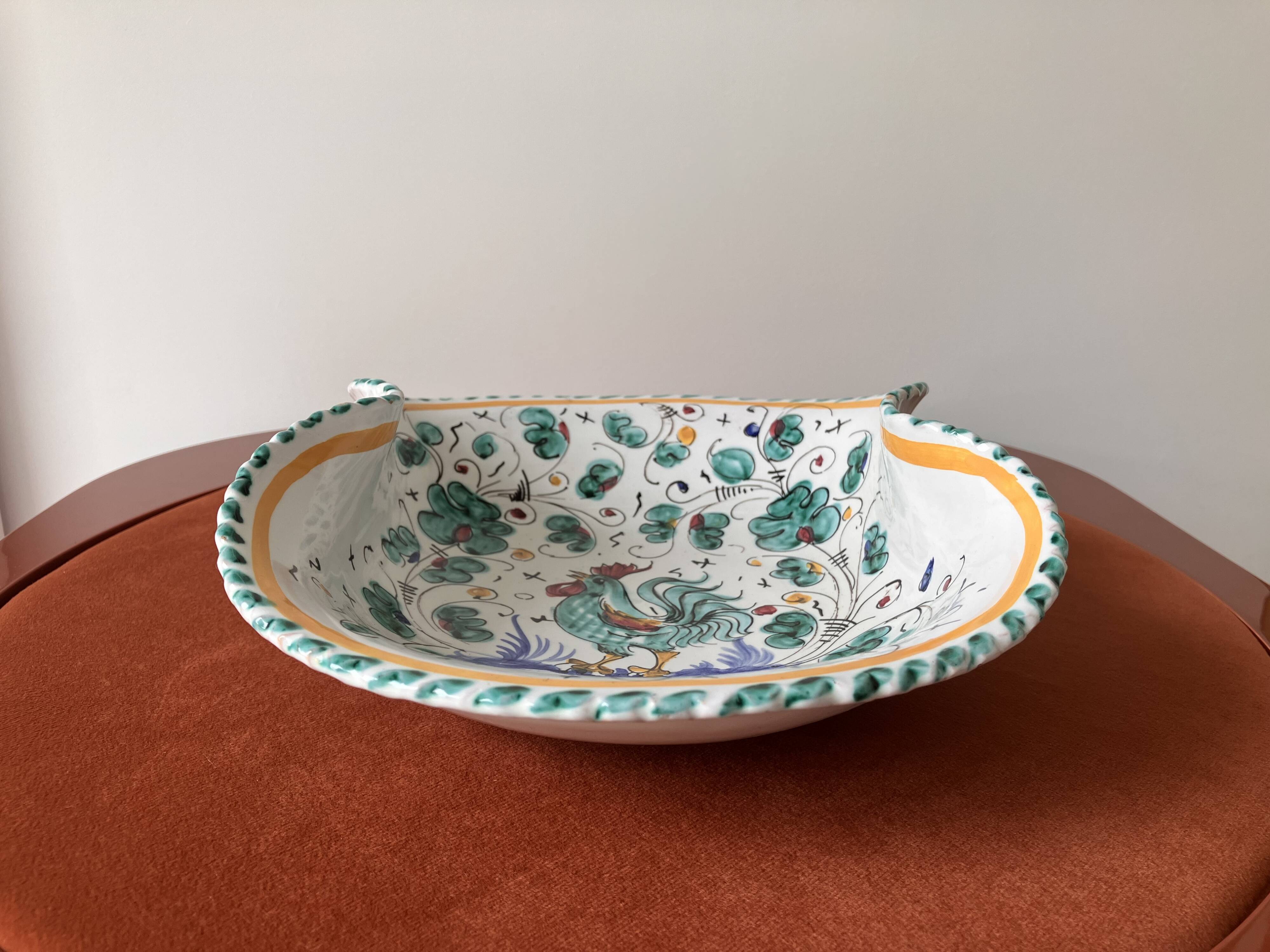 Dish, antique Italian Orvieto Deruta fruit bowl with rooster decoration
