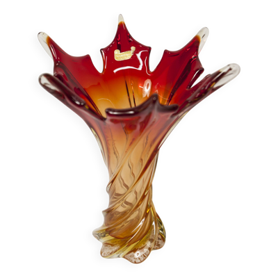 Vase en verre de Murano par Fratelli Toso signé Murano orange et rouge