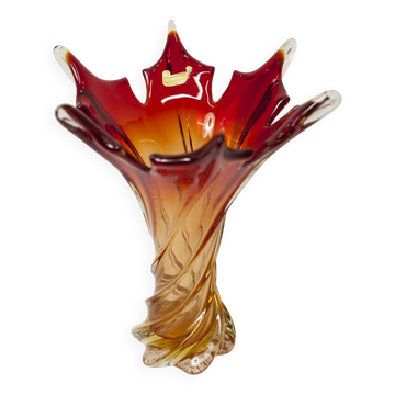 Vase en verre de Murano par Fratelli Toso signé Murano orange et rouge