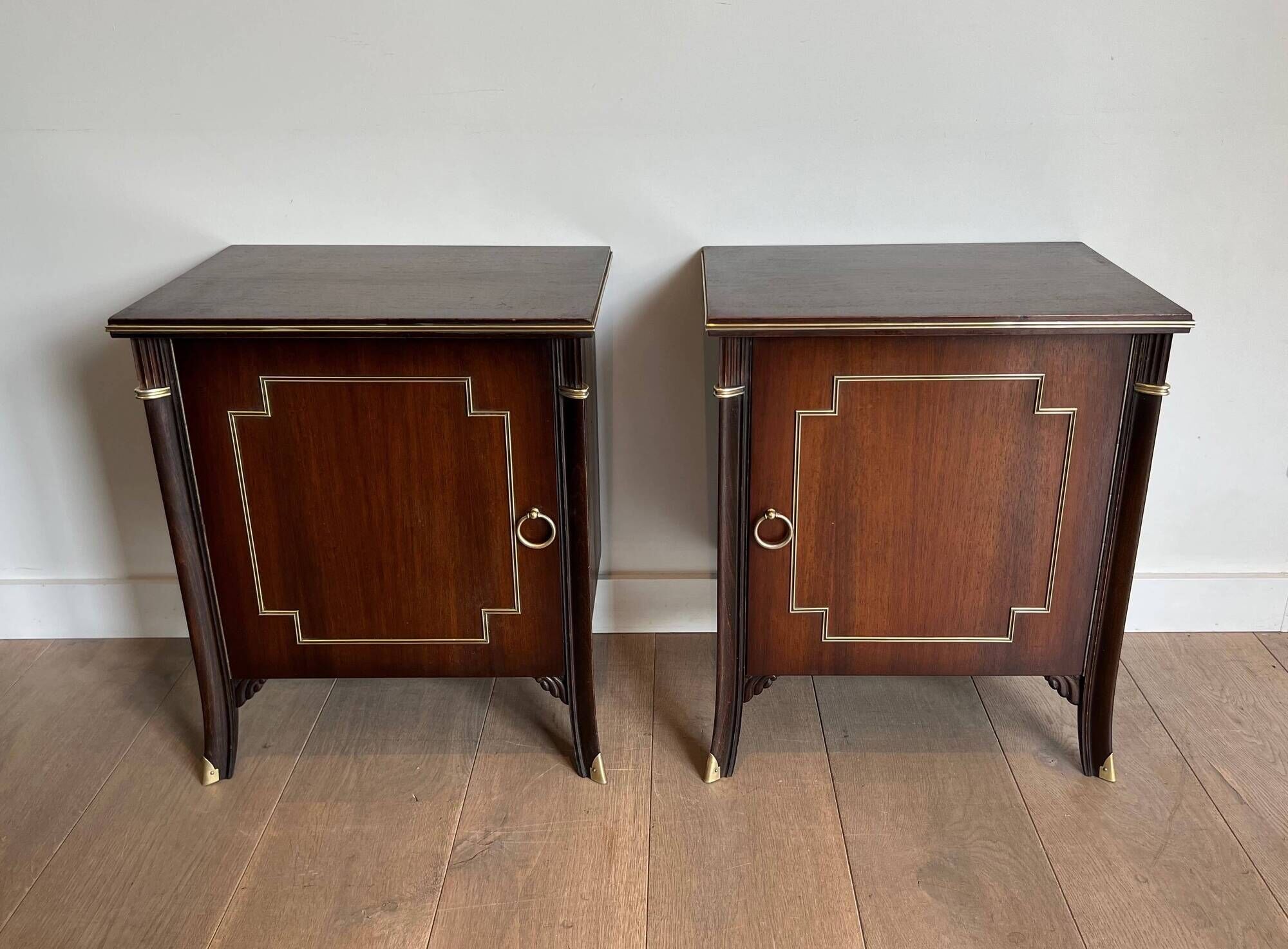 Pair of Occasional Tables with Mahogany Doors and Brass Inlays. Work F