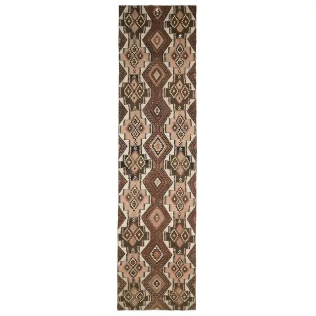 Vintage Turkish Handmade Wool Cotton Brown Kilim Runner 103x424