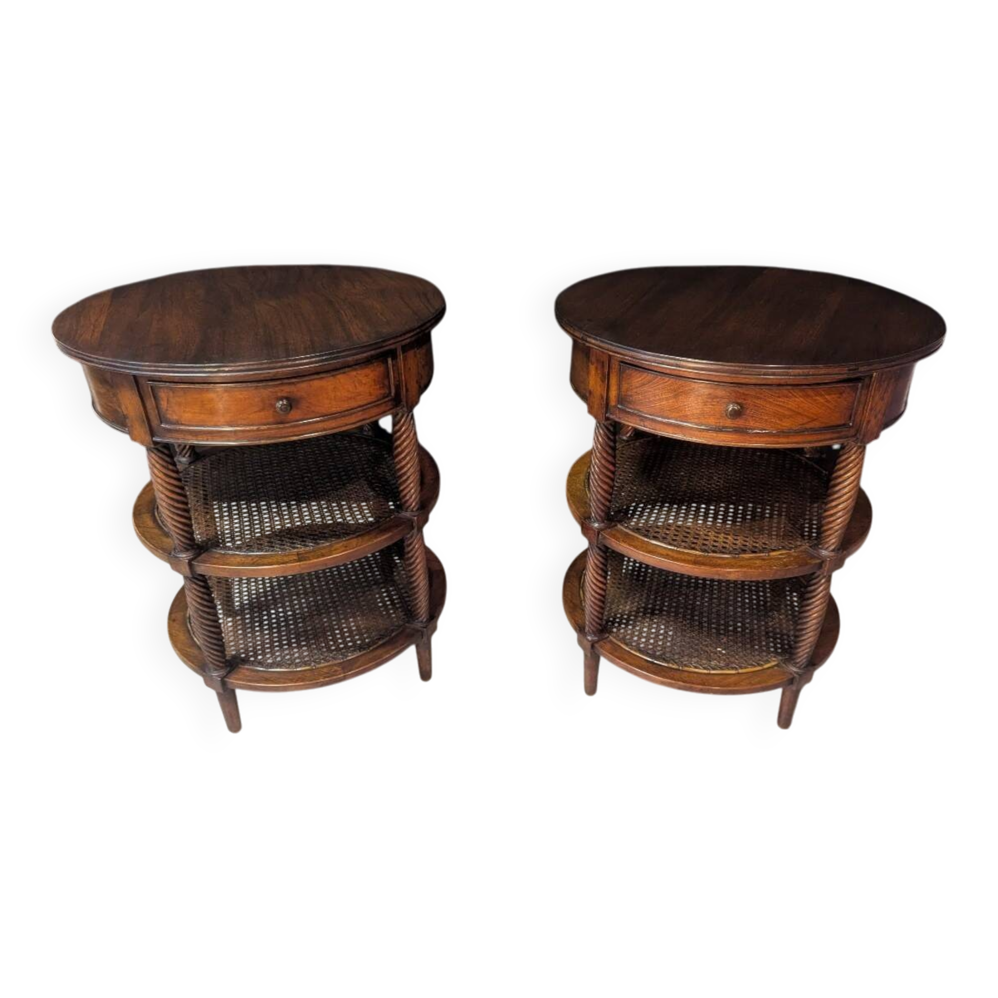 Pair of oval mahogany side tables with caned shelves – 19th century