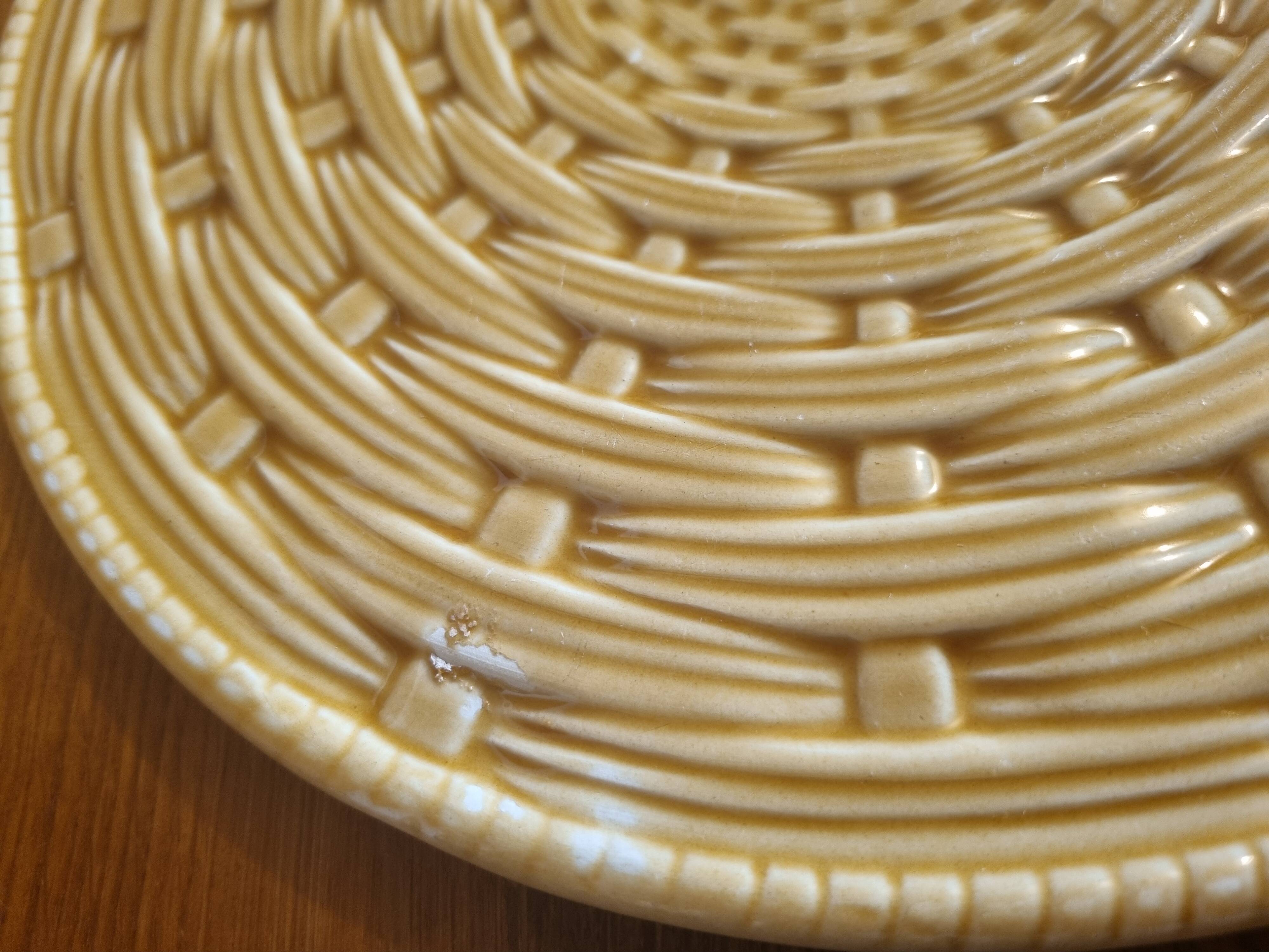 Vintage earthenware trivet from Sarreguemines Barbotine woven basket