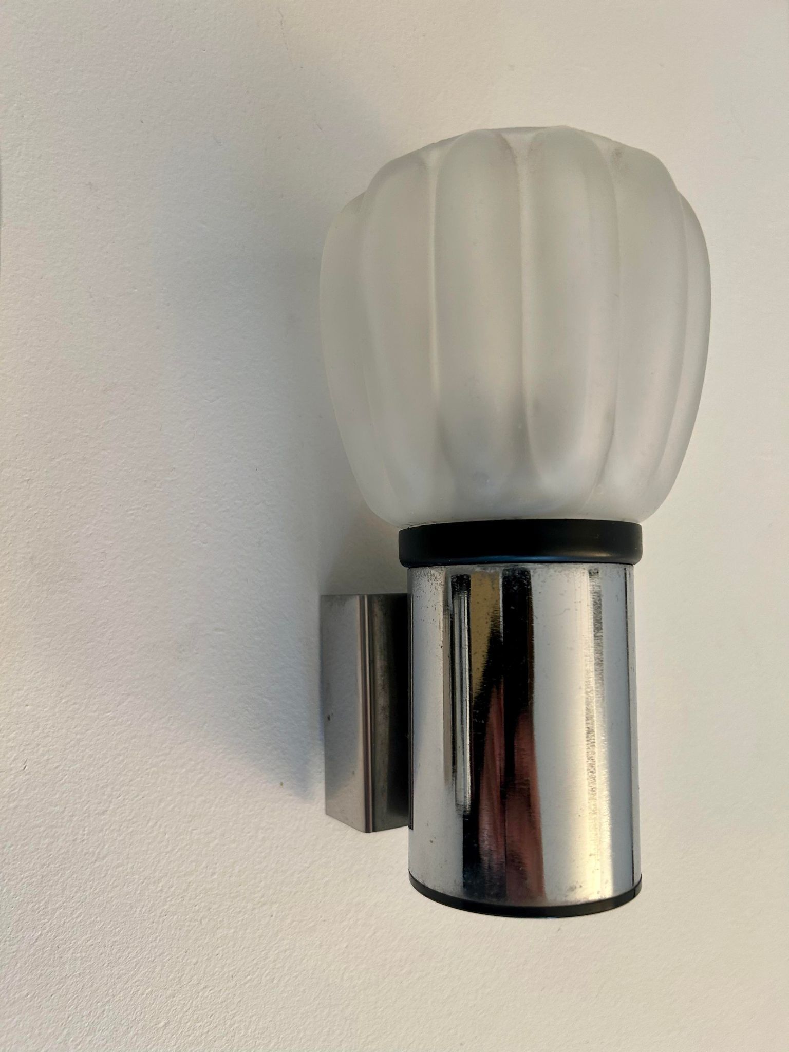 Pair of vintage wall lamps, sandblasted glass and chromed metal, France 1970