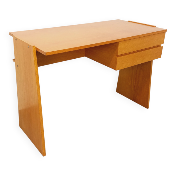Bureau trapèze double-face vintage en bois de chêne des années 60