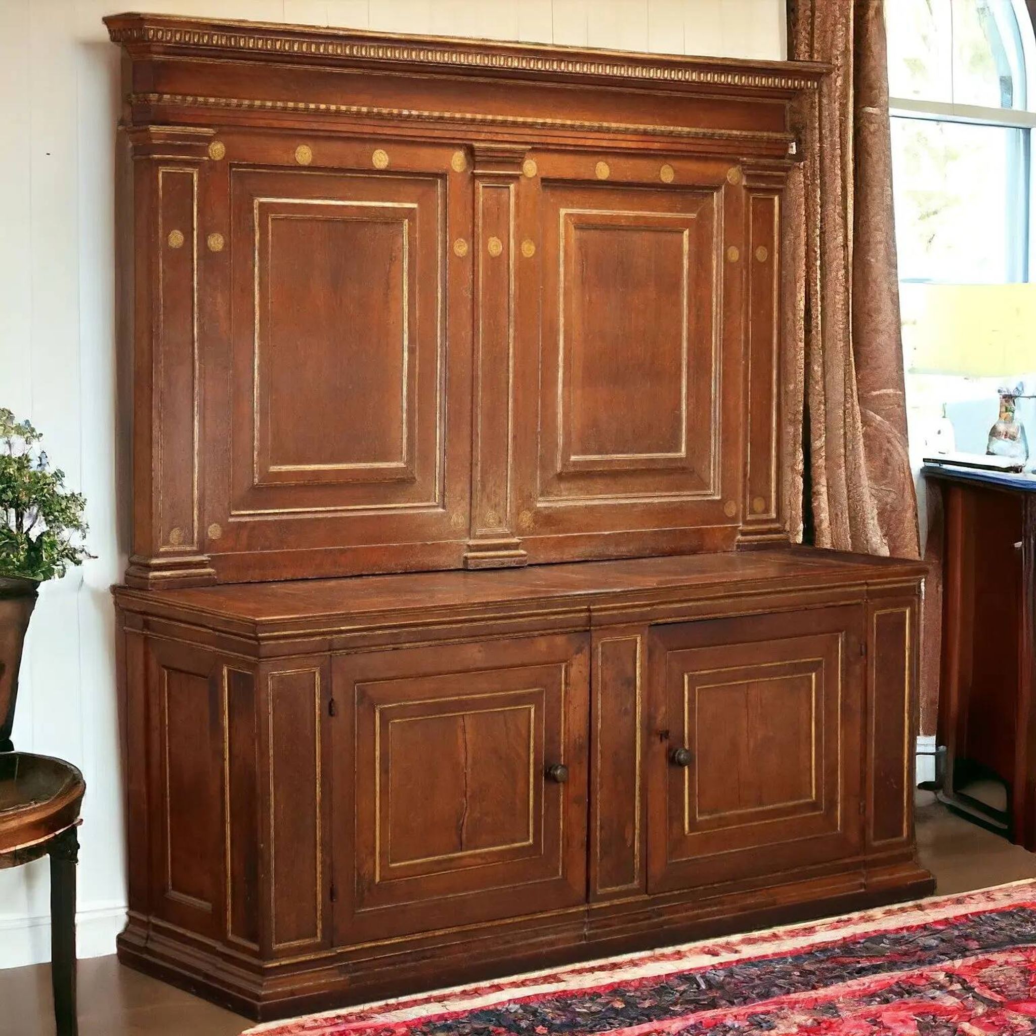 Antique walnut sideboard with shelf, Italy, 17th century