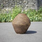 Large old basket, burgundy straw and bramble, woven basket