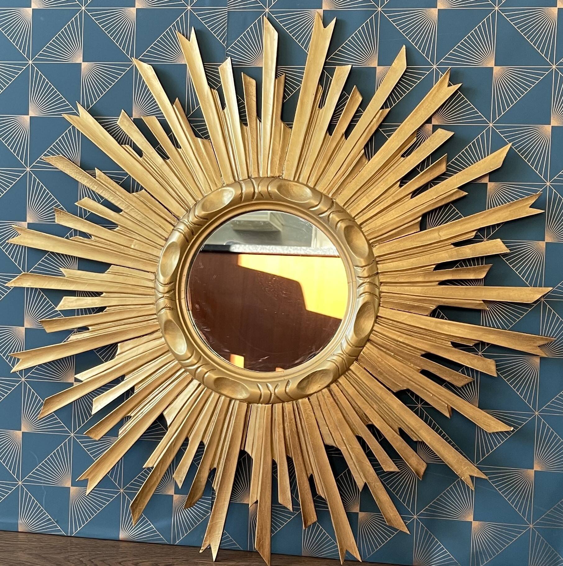Old gilded wood sun mirror, 70 cm, mid-20th century