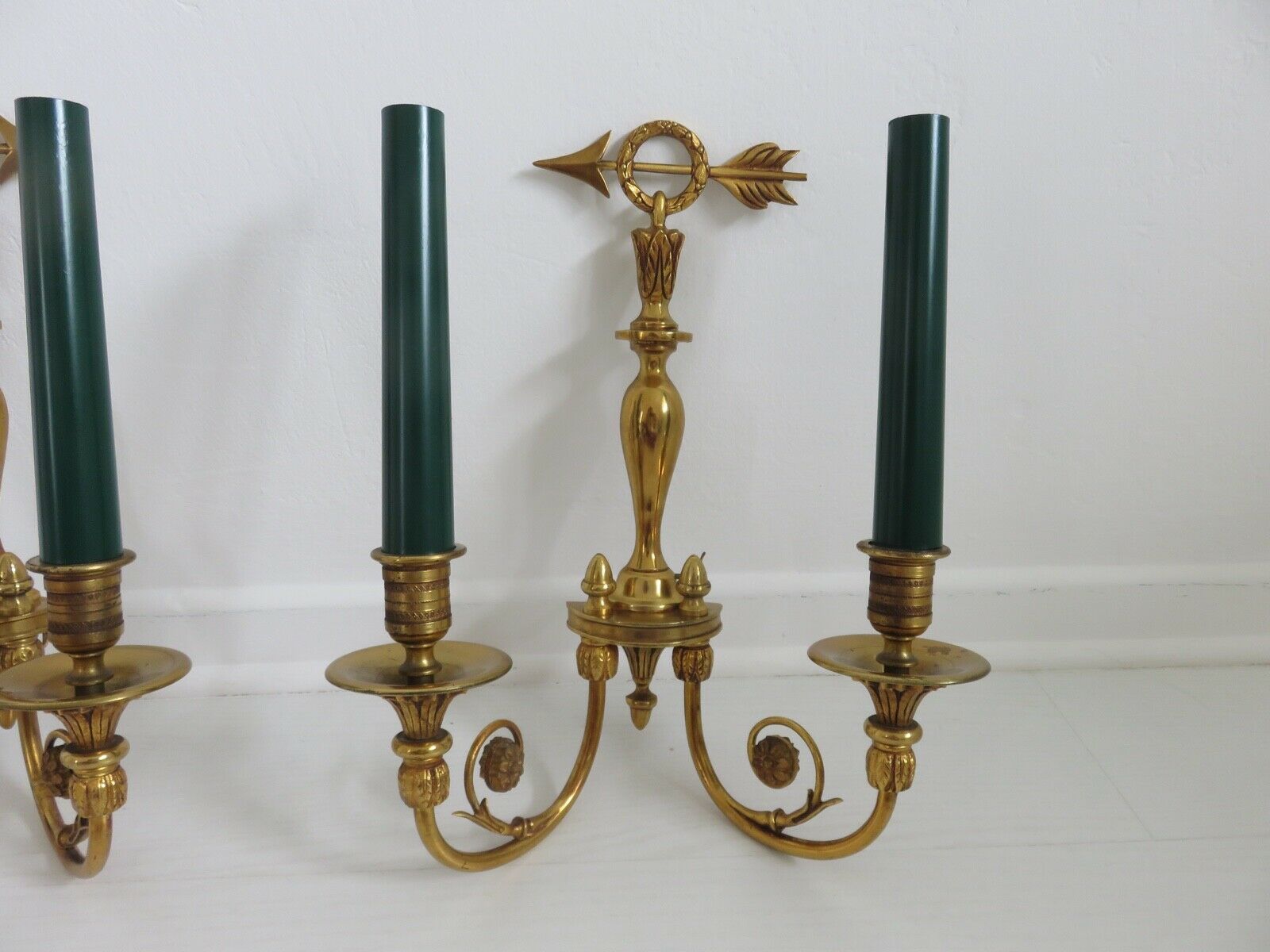 Pair of double wall lamps directoire style Lucien Gau in solid bronze gilded with bright gold