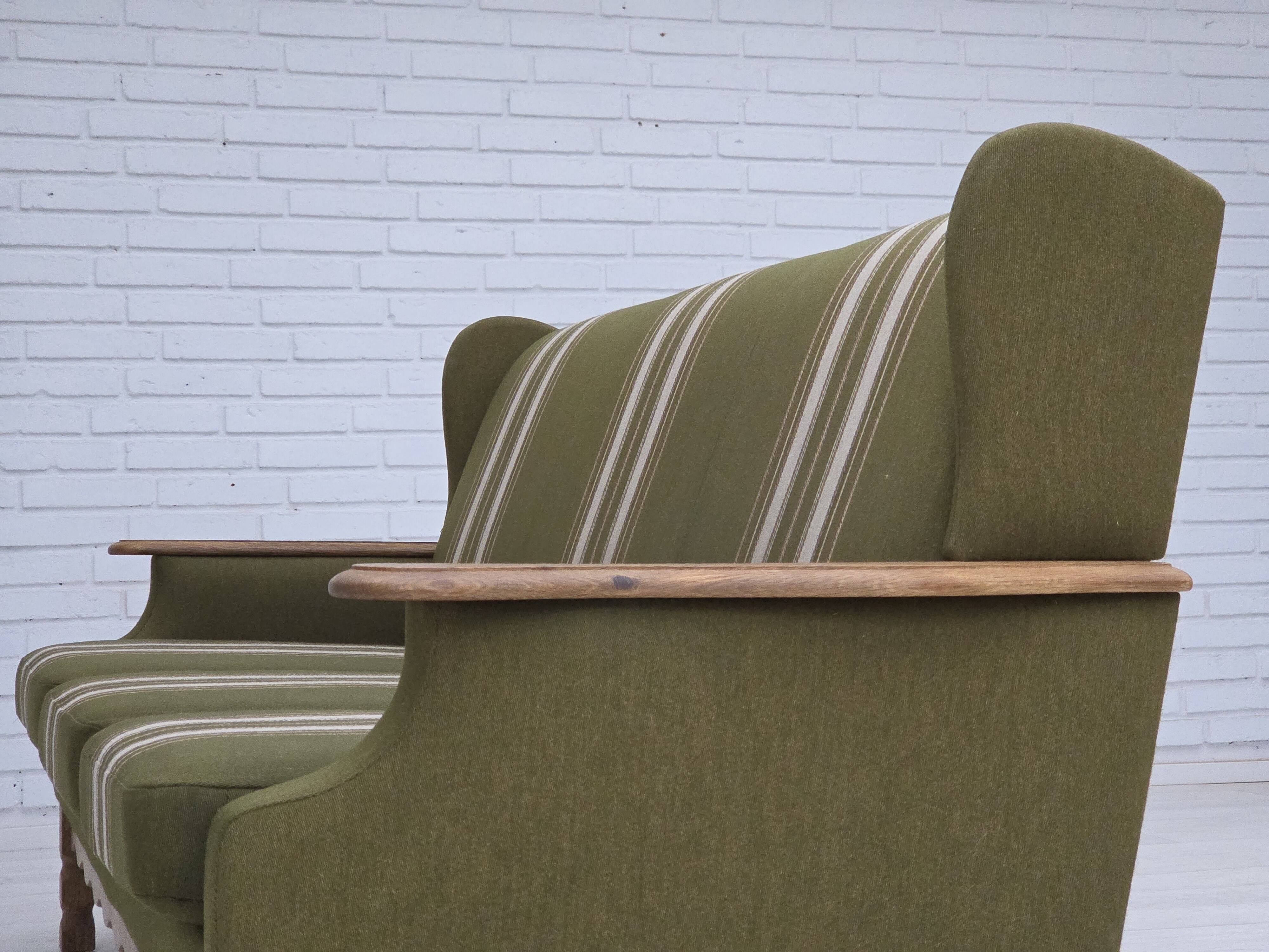 1970s, Danish 3-seater sofa, furniture wool, solid oak wood.