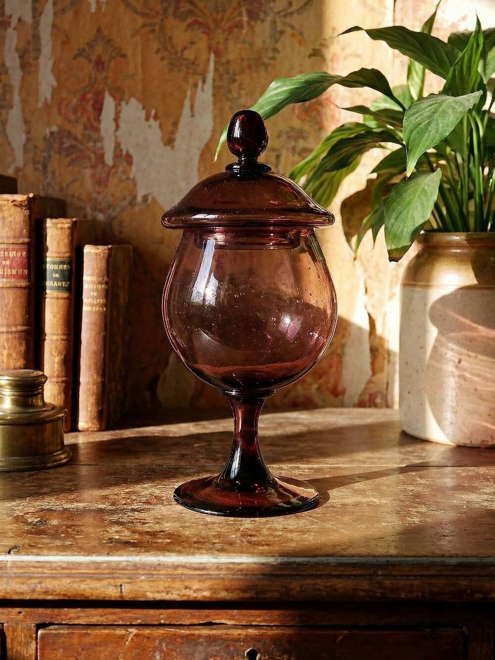 Pot, vintage purple plum bubble glass sweet jar in the style of Biot.