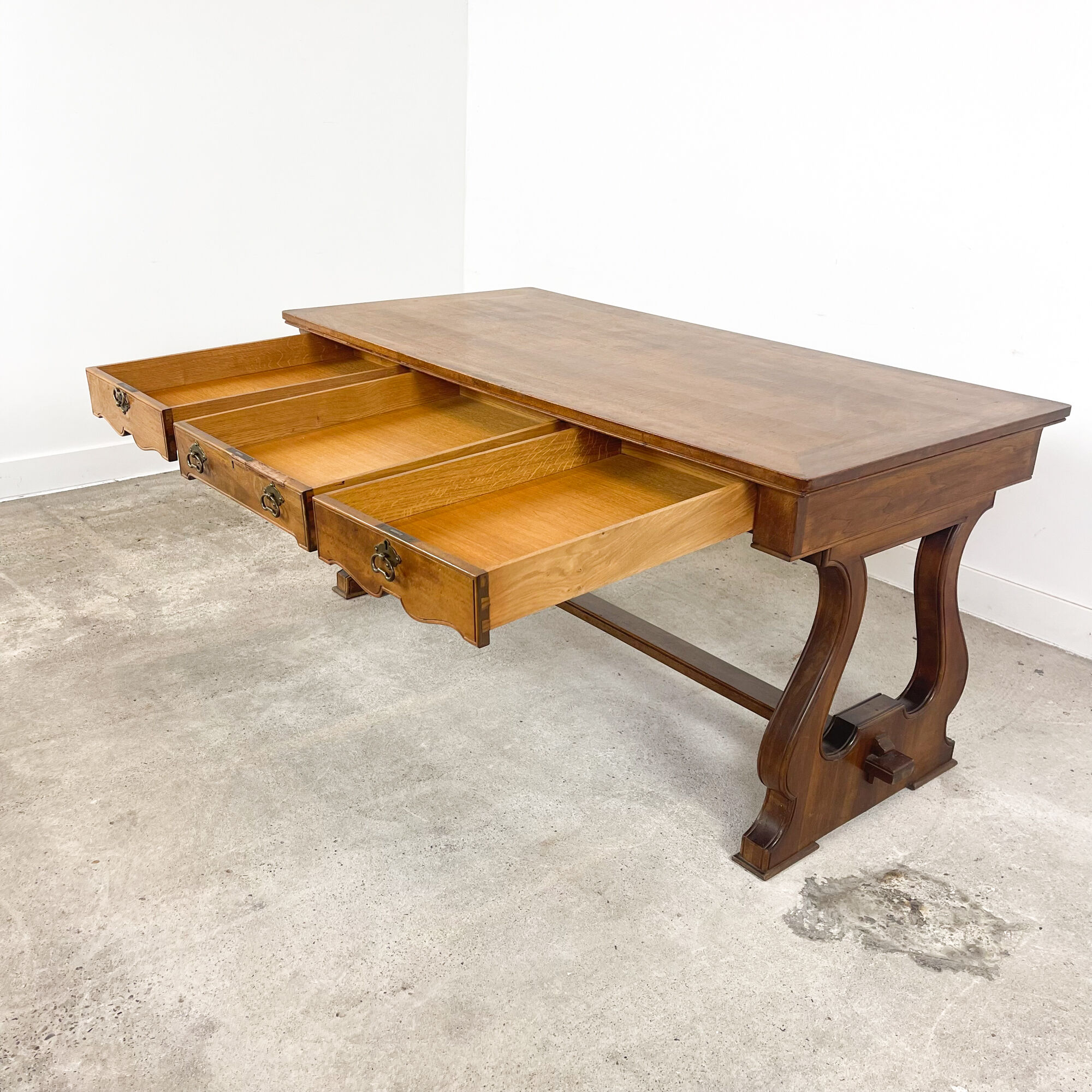 Vintage mahogany harp base desk table with drawers