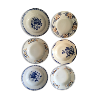 Six antique hollow plates dismatched in brown and blue