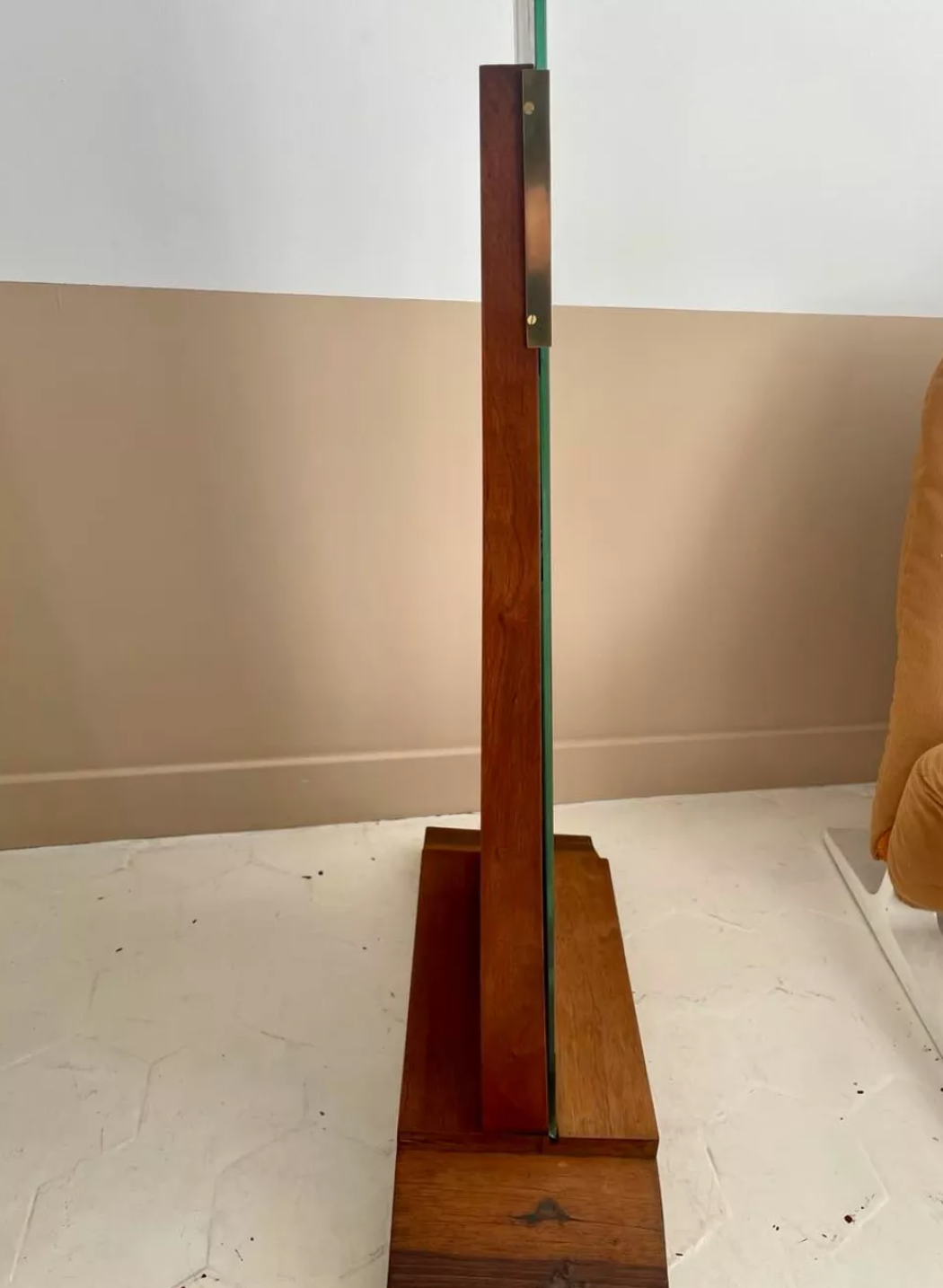 Vintage psyche art-deco mirror, oak and brass, France 1930