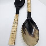 Buffalo horn serving cutlery set with ribbed bone handle