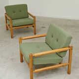 Pair of chalet style armchairs in green fabric