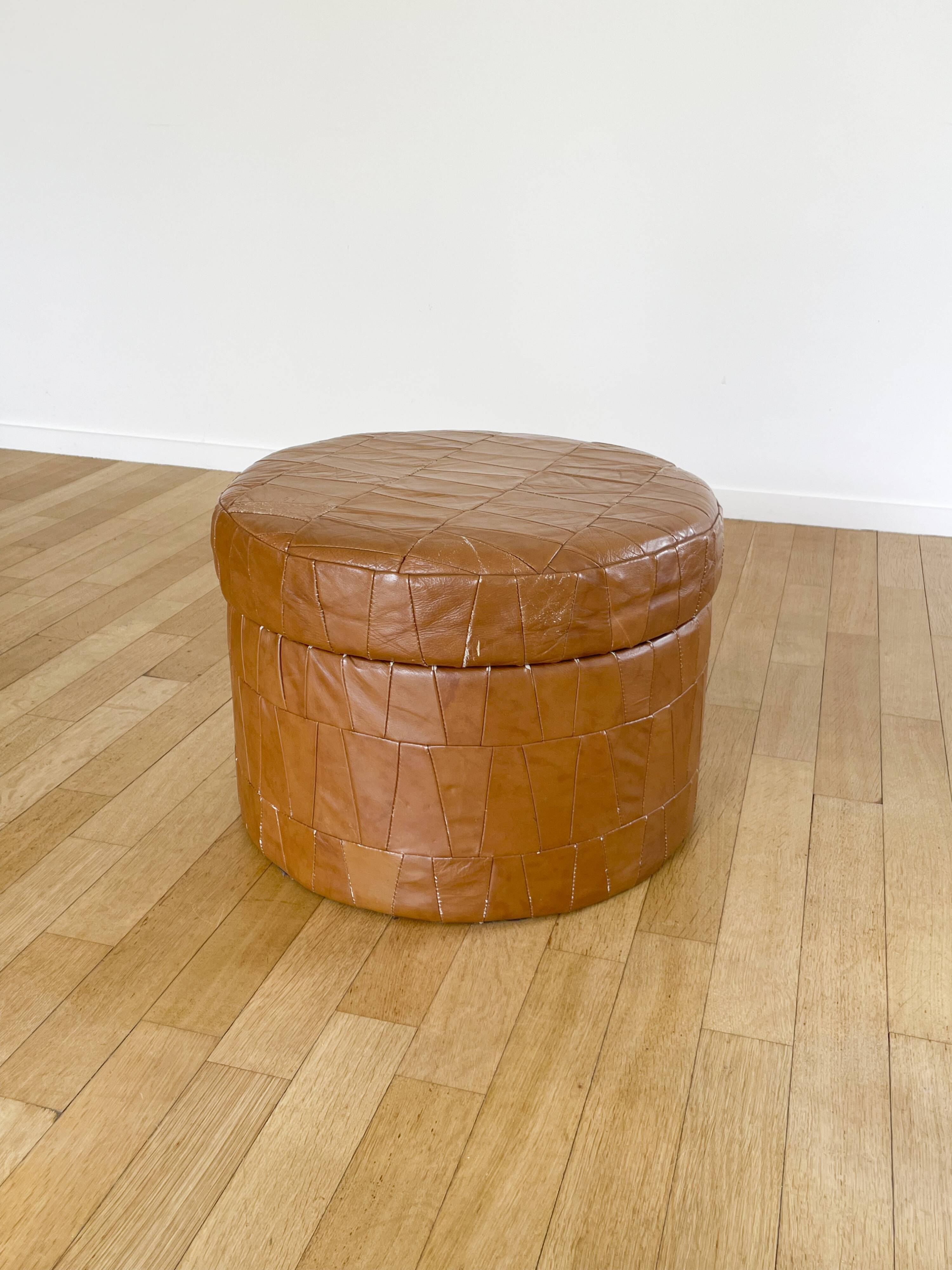 Pouf coffre patchwork cuir cognac