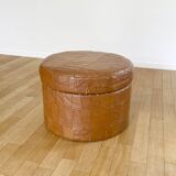 Pouf coffre patchwork cuir cognac