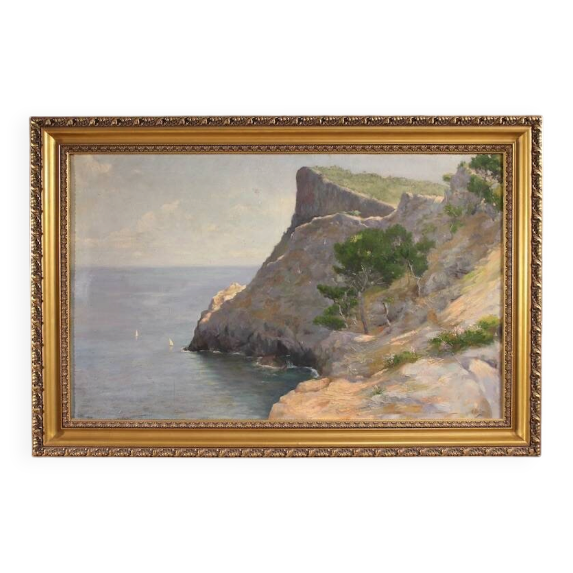 Peinture de paysage signée vue sur la mer, Espagne 20e siècle