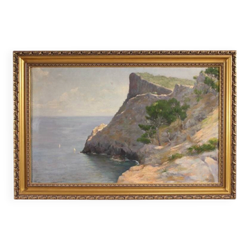 Peinture de paysage signée vue sur la mer, Espagne 20e siècle