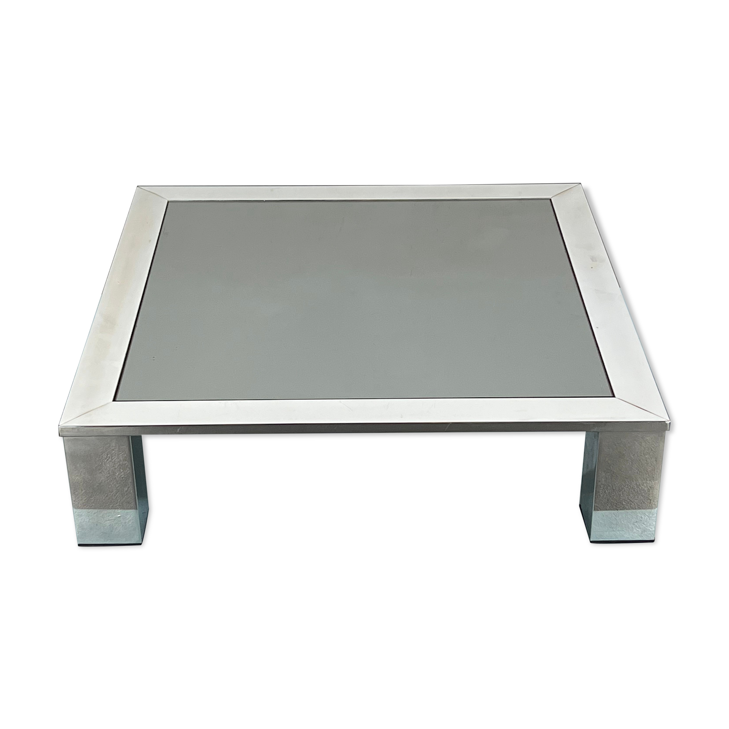 Mid-century chrome and dark mirror glass side table attributed to Saporiti. Italy 1970s