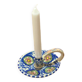 Ceramic Candle Holder - Blue with pink flowers