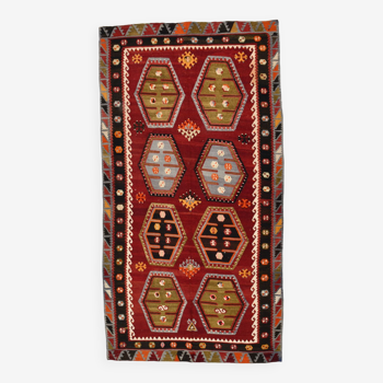 5x10 Kilim Wine Red Rug, 150x306Cm