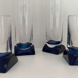 4 blue crystal glasses with rectangular base