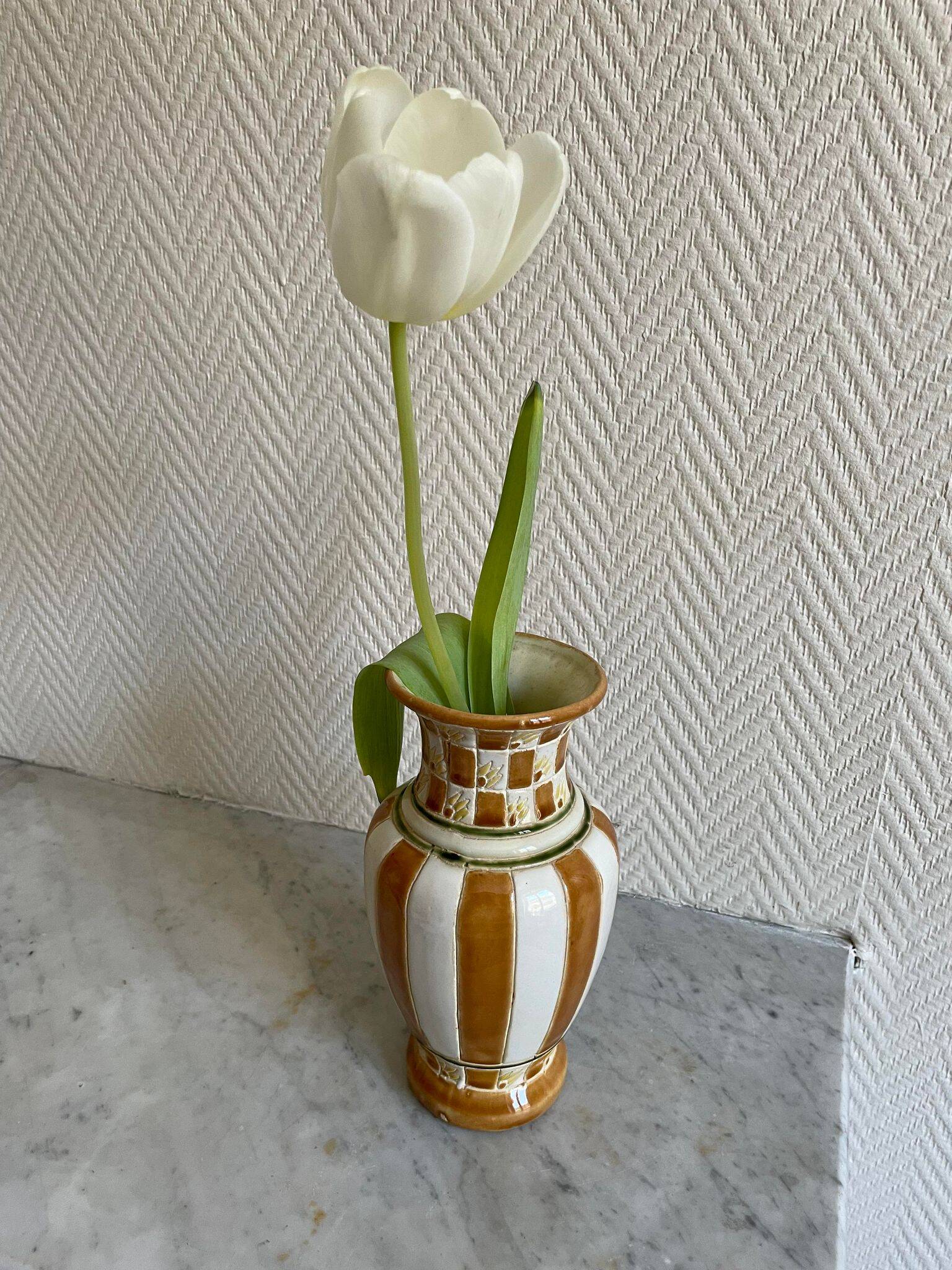 White and brown enamel vase Art Deco style