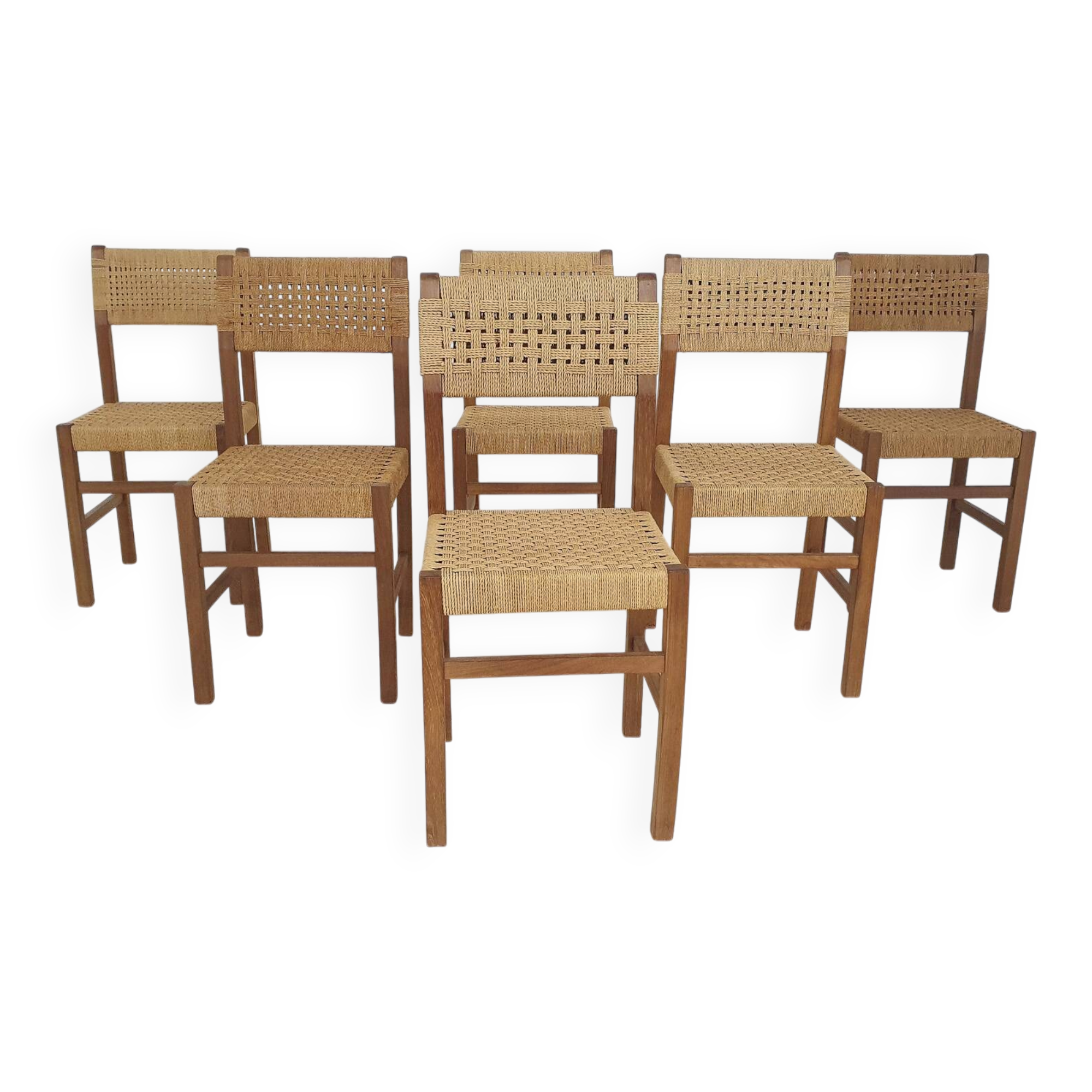 Set of six papercord dining chairs, France 1950's