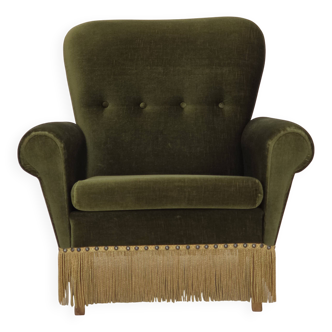 1970s, Danish lounge chair, high, furniture velour, ash wood legs.